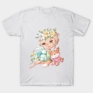 cute cartoon girl with rabbit chanterelle friends with spring flowers T-Shirt